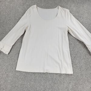Vintage Womens Shirt XL White Scoop Neck Long Sleeve Ruffle Cuffs Pullover